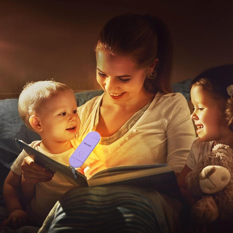 Akomid USB Rechargeable Book Light for Reading in Bed, 8 LEDs Bookmark Style Clip on, Eye-Cared Amber Light Mode for Kids, Blue Light Blocking, Stepless Dimming, Purple - Image 2